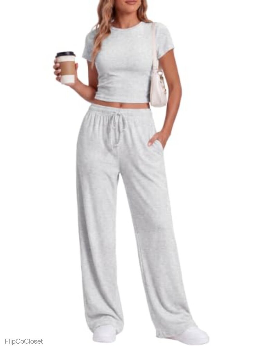Women's 2 Piece Lounge Set Ruched Top Wide Leg Pants